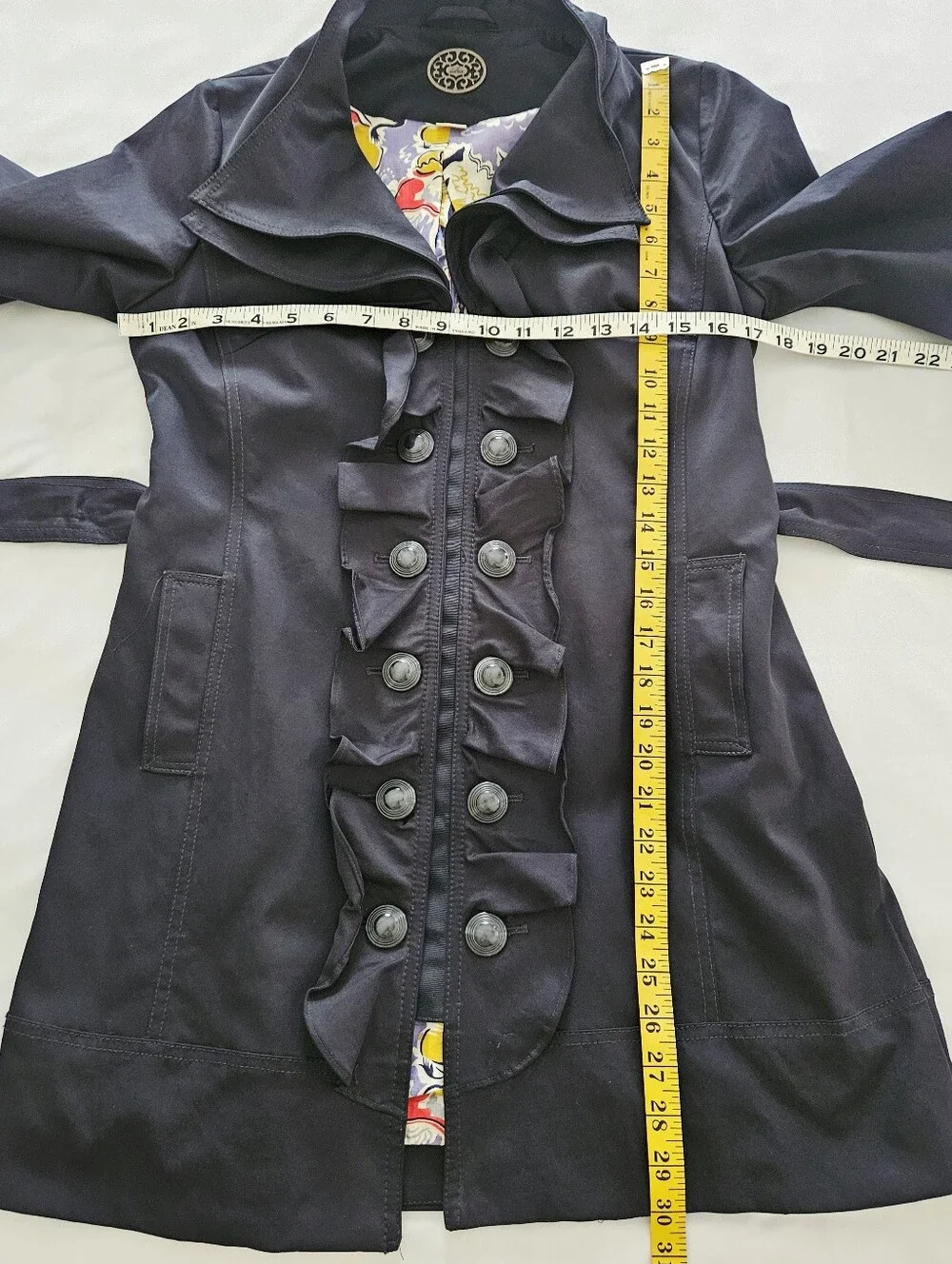 Anthropologie Idra Whimsy Ruffle Belted Trench Coat Navy Blue Size 2